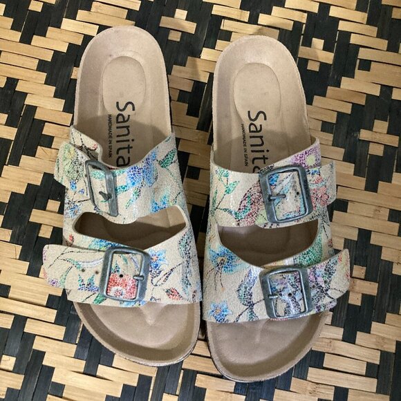 New Sanita Women Size 9 Sandels Floral Boho Chic Ibiza Double Strap Leather - Picture 1 of 10